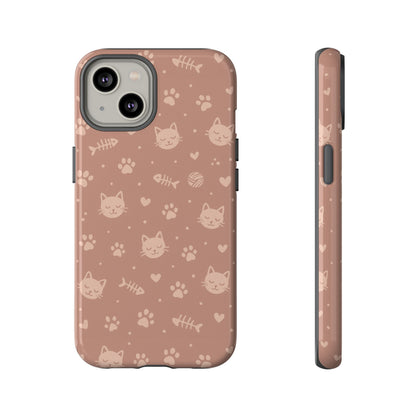 Cute Cat Pattern Phone Case | Paw Prints, Fishbone & Yarn Design Tough Case
