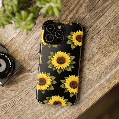 Sunflower Floral Tough Phone Case – Black Background Protective Cover for Iphone, Samsung Galaxy and Pixel