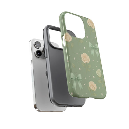 Vintage Rose Bow Phone Case – Sage Green Floral Coquette Aesthetic Tough Case (iPhone, Samsung, Pixel)