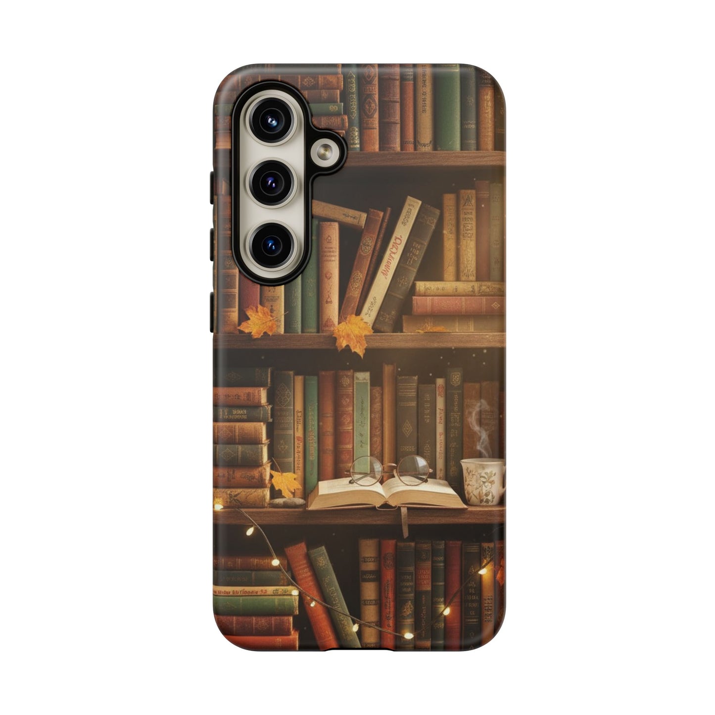 Cozy Vintage Bookshelf Phone Case, Library Aesthetic Book Stack, Autumn Coffee Vibes (iPhone, Samsung, Pixel)