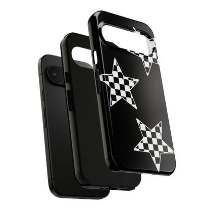 Checkered Star Tough Phone Case – Black Retro Graphic Protective Cover for Iphone, Samsung Galaxy and Pixel
