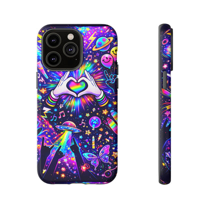 Rainbow Heart Hands Phone Case – Neon Galaxy EDM Festival Tough Cover