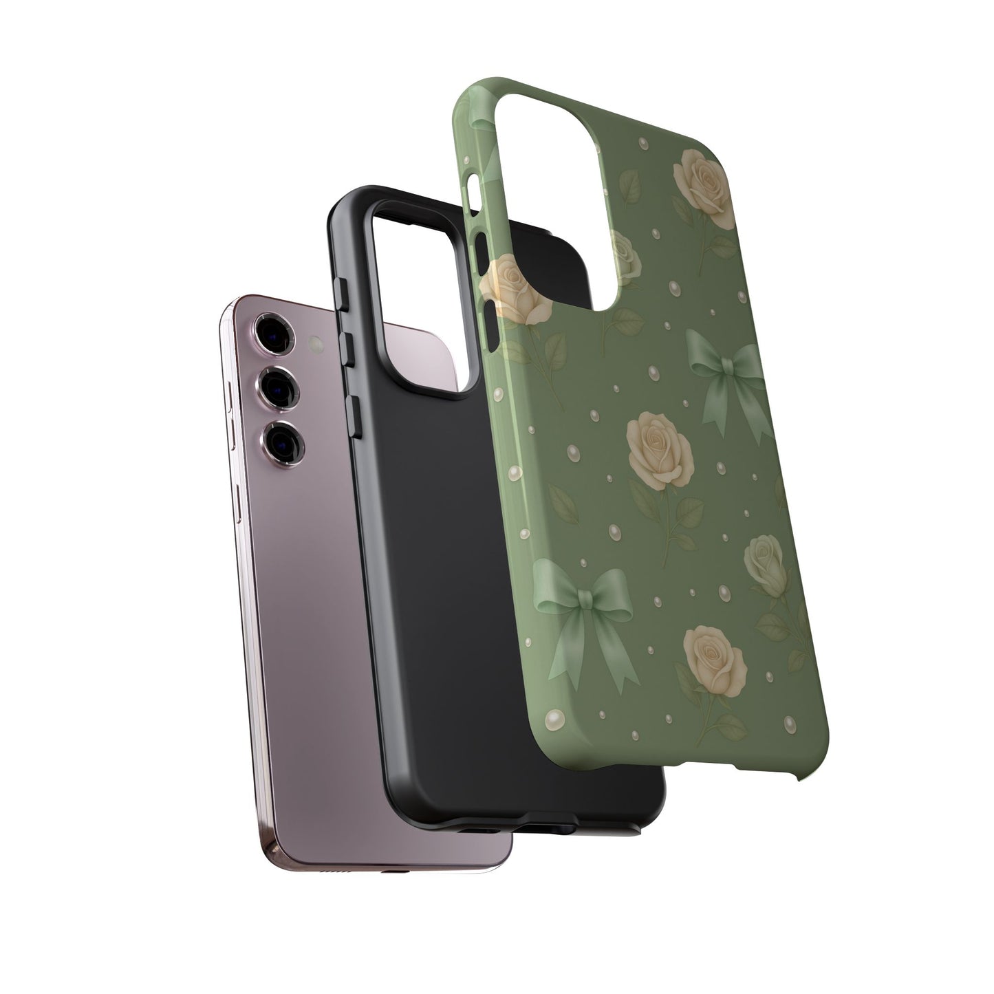 Vintage Rose Bow Phone Case – Sage Green Floral Coquette Aesthetic Tough Case (iPhone, Samsung, Pixel)