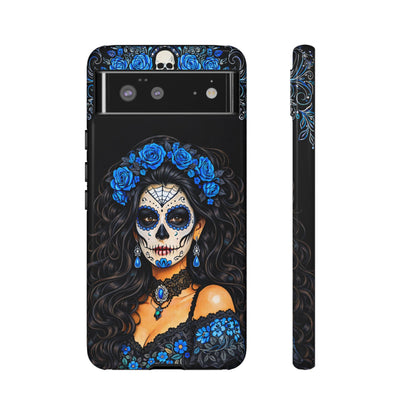 Blue Sugar Skull Woman Phone Case – Day of the Dead Aesthetic Tough Cover