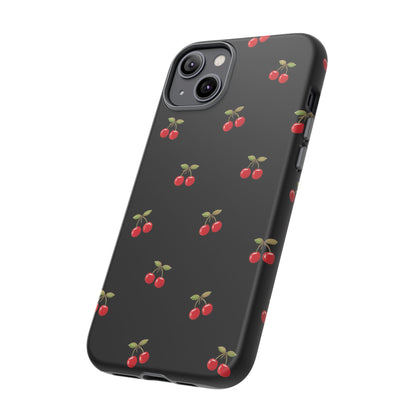 Cherry Pattern Phone Case — Slim Black Protective iPhone Case with Red Cherries for Iphone, Samsung Galaxy and Pixel