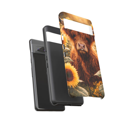 Highland Cow Sunflower Phone Case | Floral Farmhouse iPhone, Samsung Galaxy and Pixel Cover