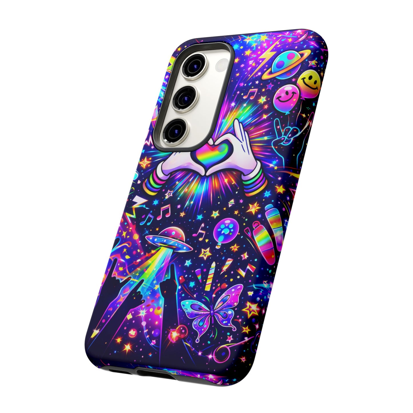 Rainbow Heart Hands Phone Case – Neon Galaxy EDM Festival Tough Cover
