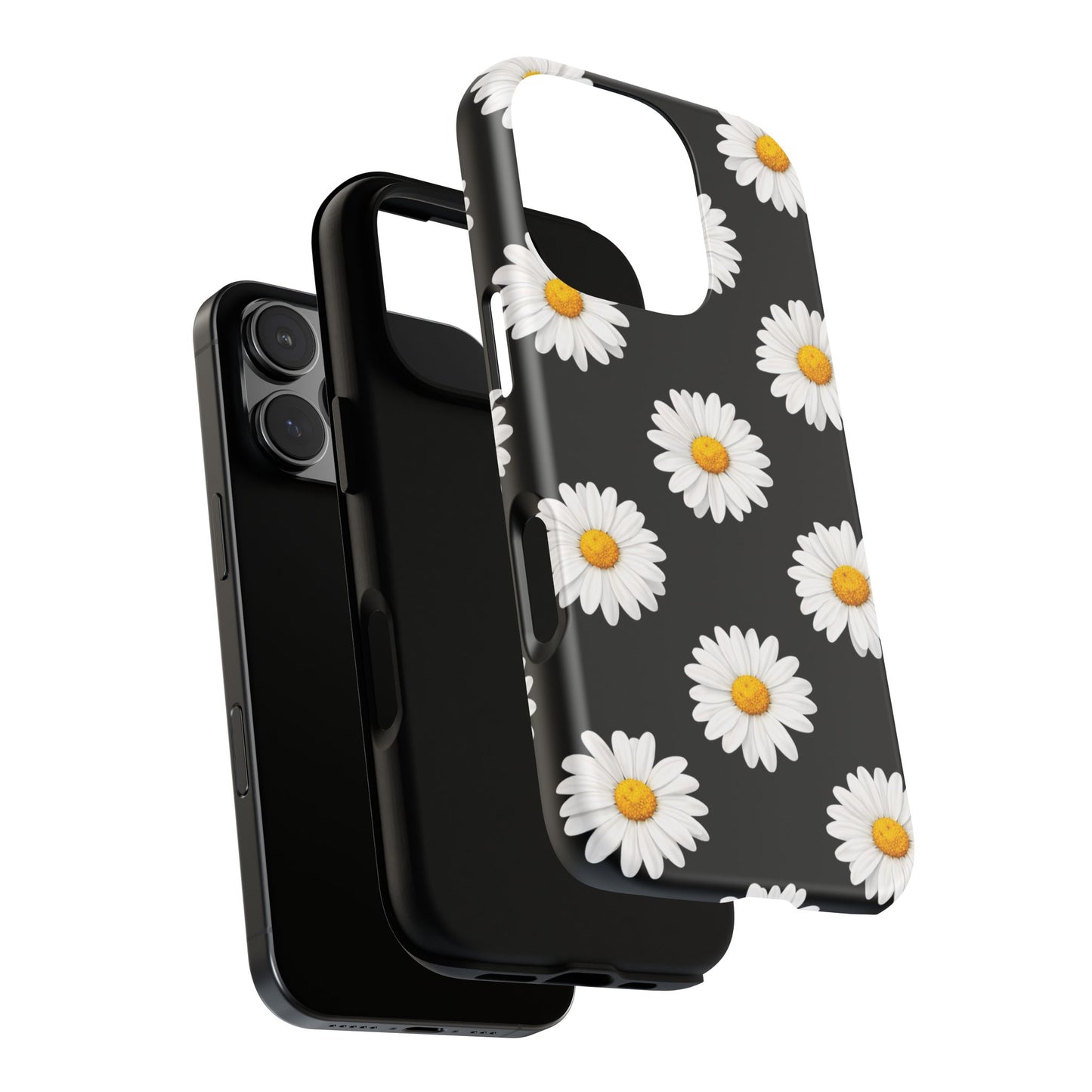 Black Daisy Floral Tough Phone Case – Cute Protective Cover for Iphone, Samsung Galaxy and Pixel