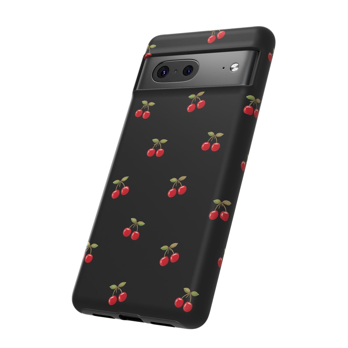 Cherry Pattern Phone Case — Slim Black Protective iPhone Case with Red Cherries for Iphone, Samsung Galaxy and Pixel