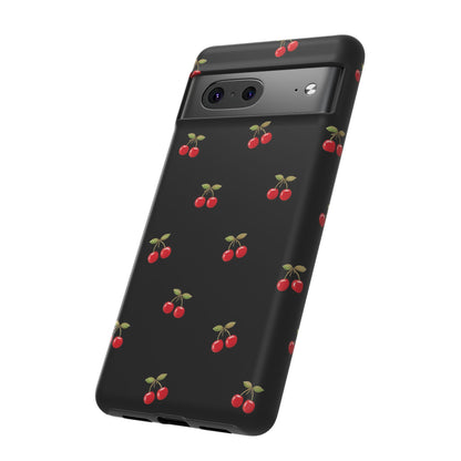 Cherry Pattern Phone Case — Slim Black Protective iPhone Case with Red Cherries for Iphone, Samsung Galaxy and Pixel