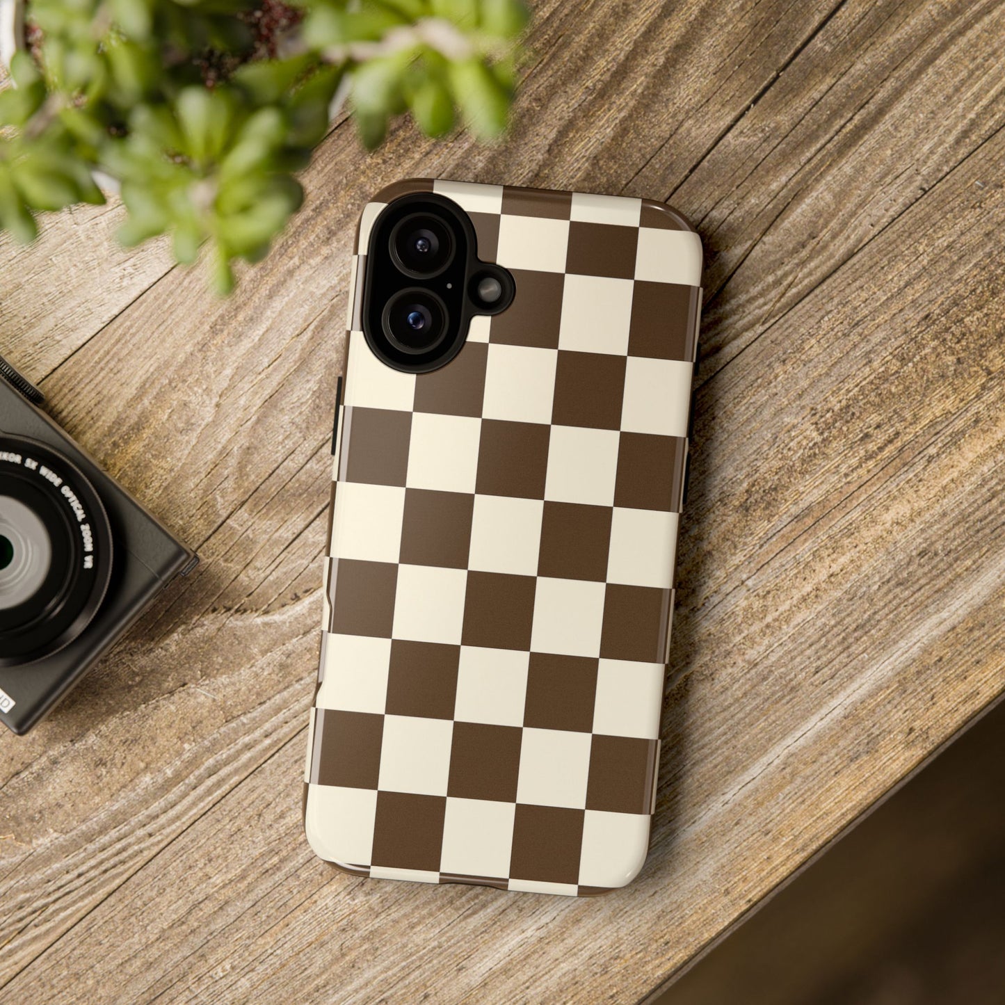 Mocha Checkerboard Phone Case | Neutral Aesthetic Checkered iPhone & Samsung Tough Case