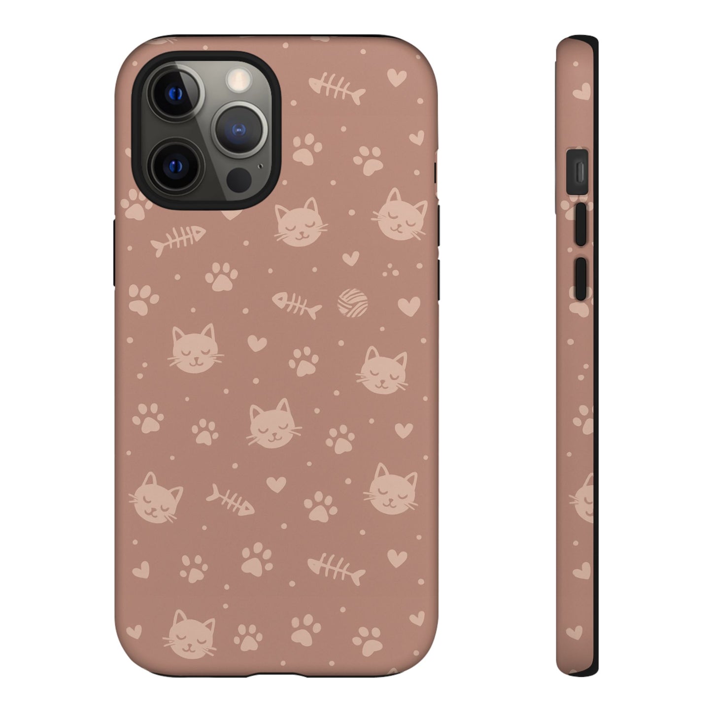 Cute Cat Pattern Phone Case | Paw Prints, Fishbone & Yarn Design Tough Case