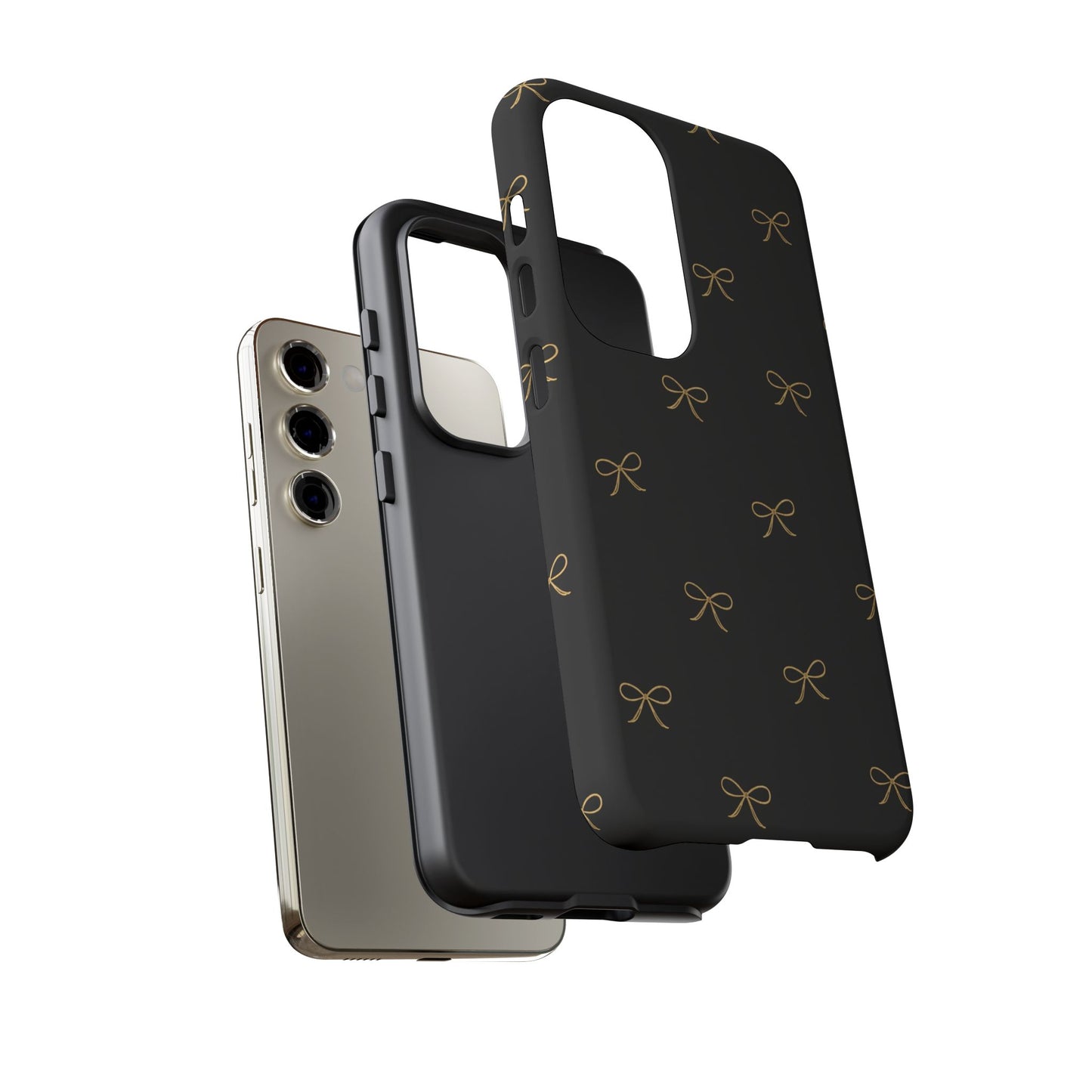 Black Phone Case with Gold Bow Pattern – Slim Protective Cute Aesthetic Cover for Iphone, Samsung Galaxy and Pixel