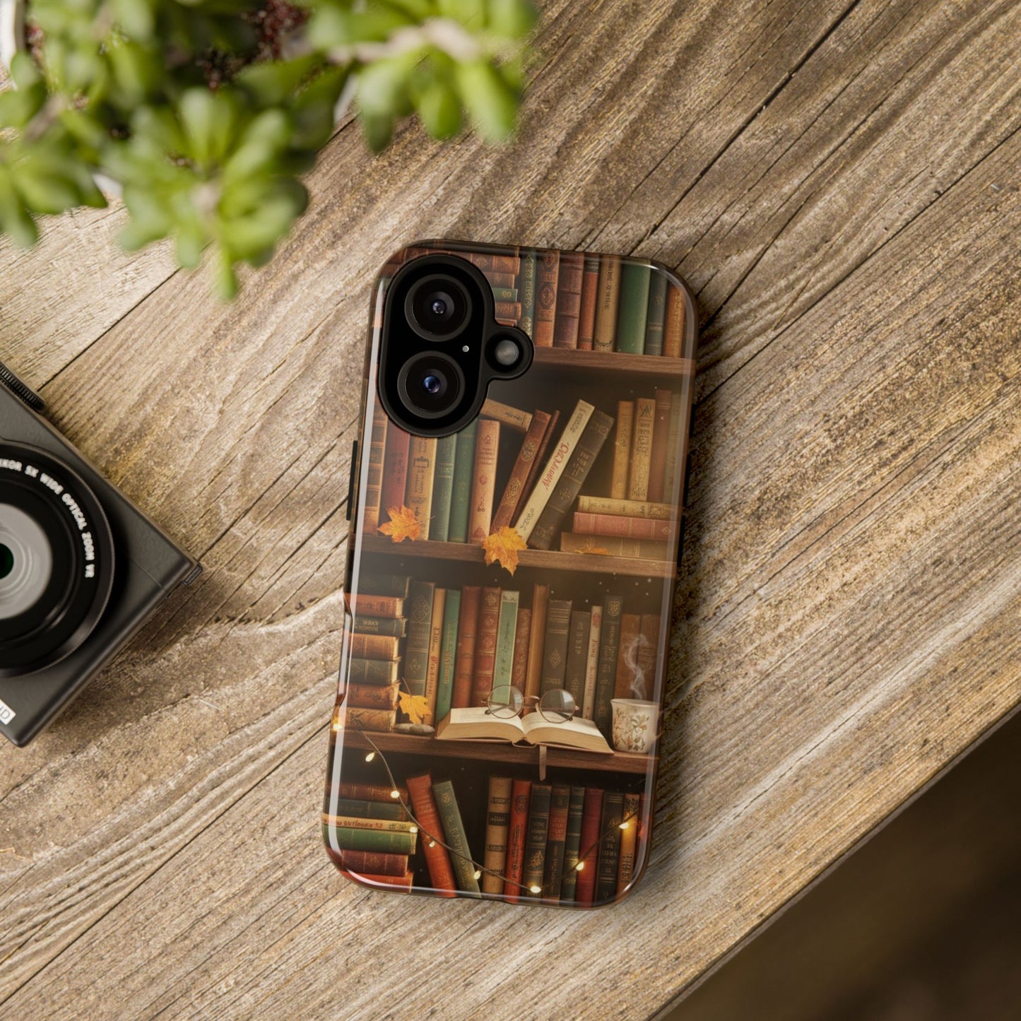 Cozy Vintage Bookshelf Phone Case, Library Aesthetic Book Stack, Autumn Coffee Vibes (iPhone, Samsung, Pixel)