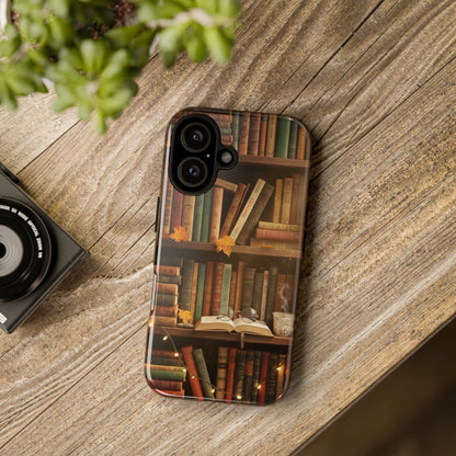 Cozy Vintage Bookshelf Phone Case, Library Aesthetic Book Stack, Autumn Coffee Vibes (iPhone, Samsung, Pixel)