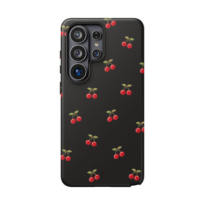 Cherry Pattern Phone Case — Slim Black Protective iPhone Case with Red Cherries for Iphone, Samsung Galaxy and Pixel