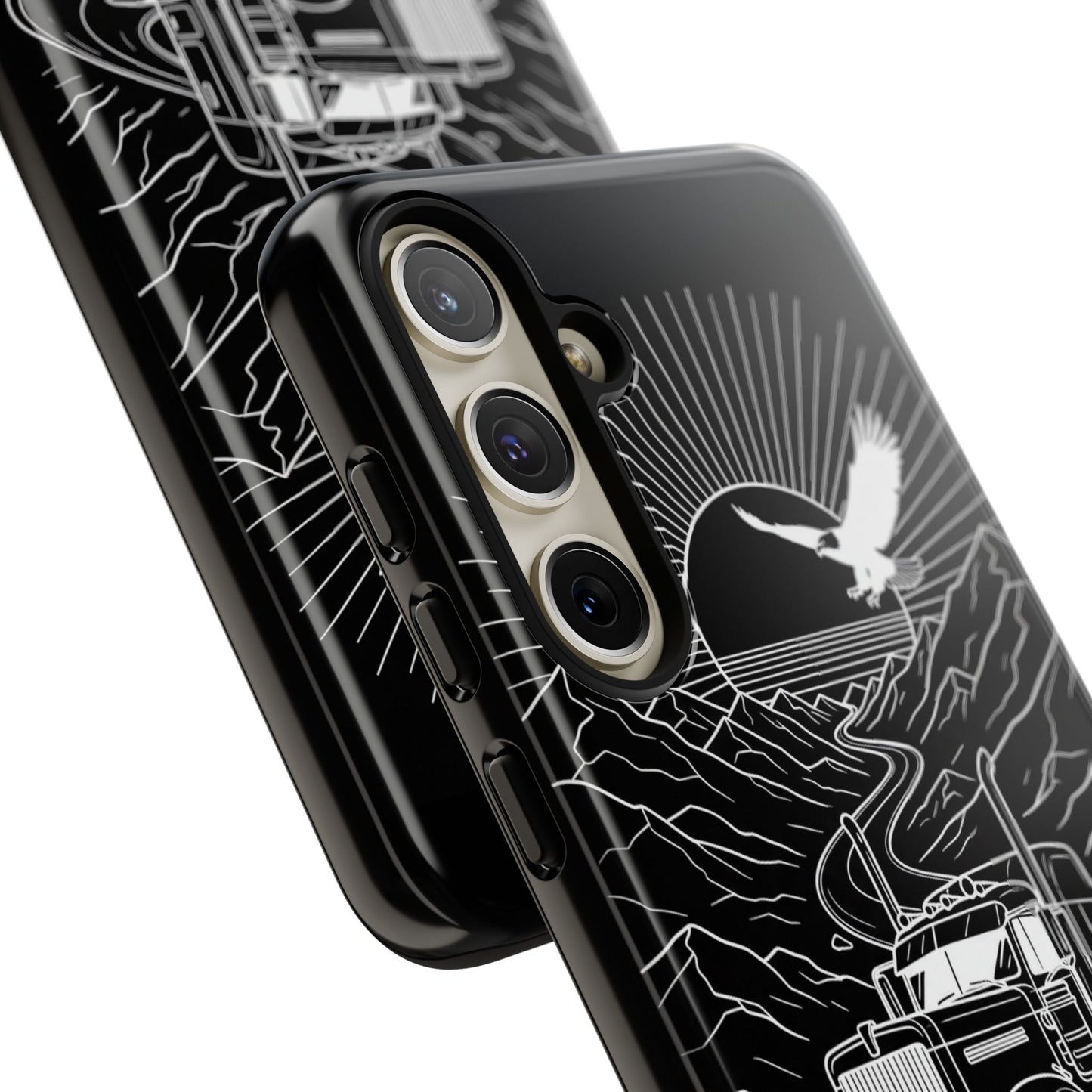 Trucker Highway Phone Case | Eagle & Mountain Line Art | Black Western Tough Case