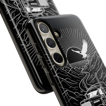 Trucker Highway Phone Case | Eagle & Mountain Line Art | Black Western Tough Case