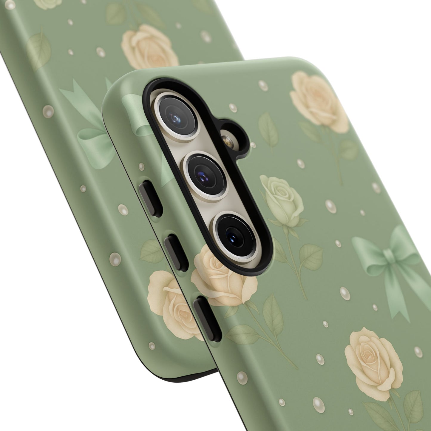 Vintage Rose Bow Phone Case – Sage Green Floral Coquette Aesthetic Tough Case (iPhone, Samsung, Pixel)