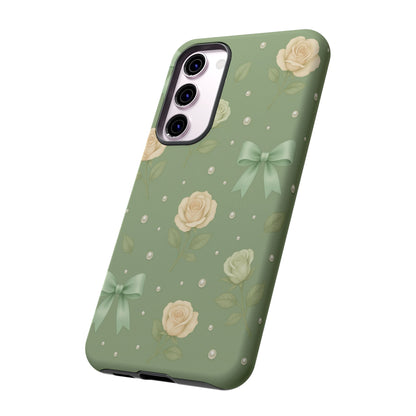 Vintage Rose Bow Phone Case – Sage Green Floral Coquette Aesthetic Tough Case (iPhone, Samsung, Pixel)