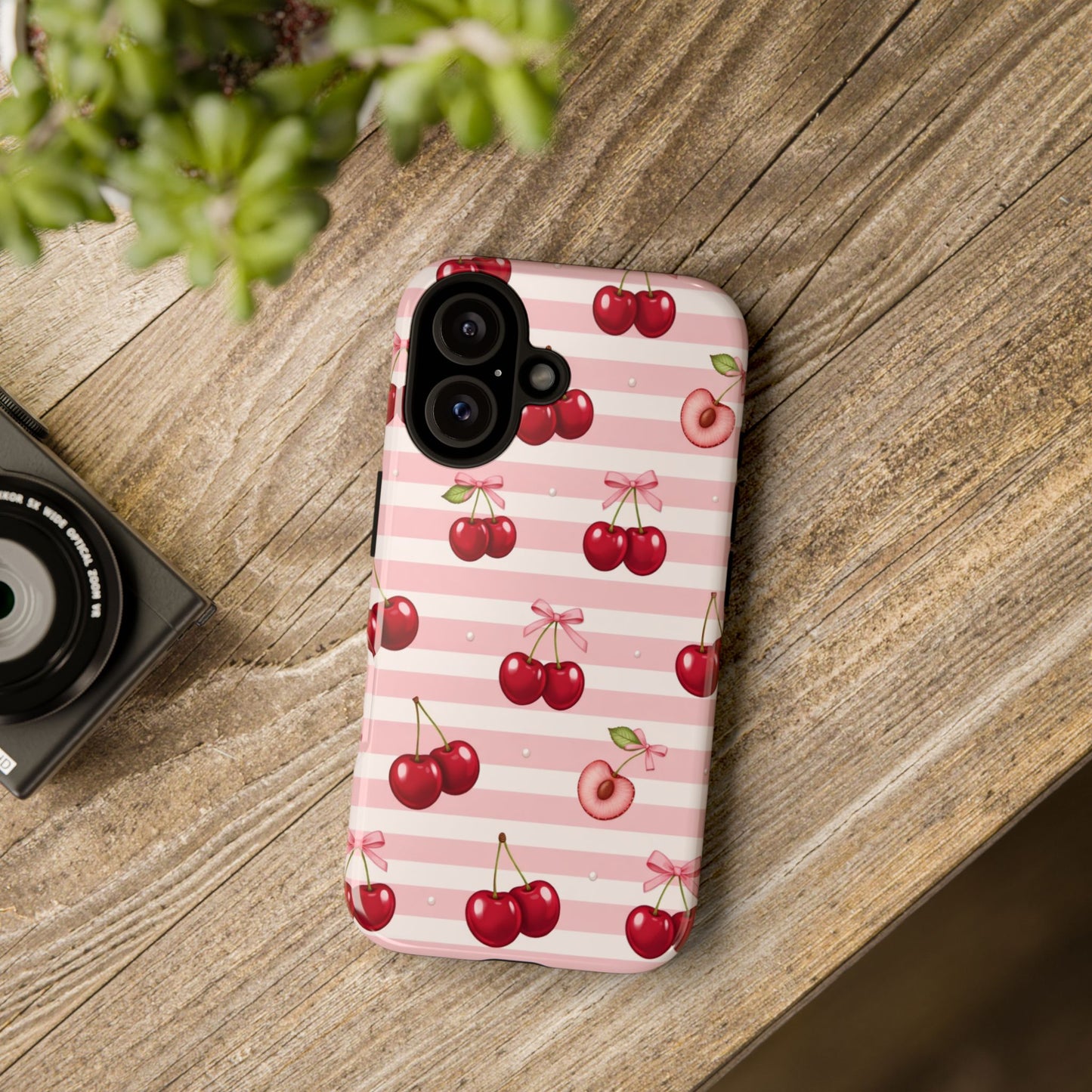 Coquette Cherry Bow Phone Case | Cute Pink Aesthetic Cherry Pattern Tough Case for iPhone & Samsung