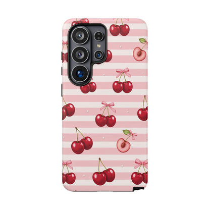 Coquette Cherry Bow Phone Case | Cute Pink Aesthetic Cherry Pattern Tough Case for iPhone & Samsung