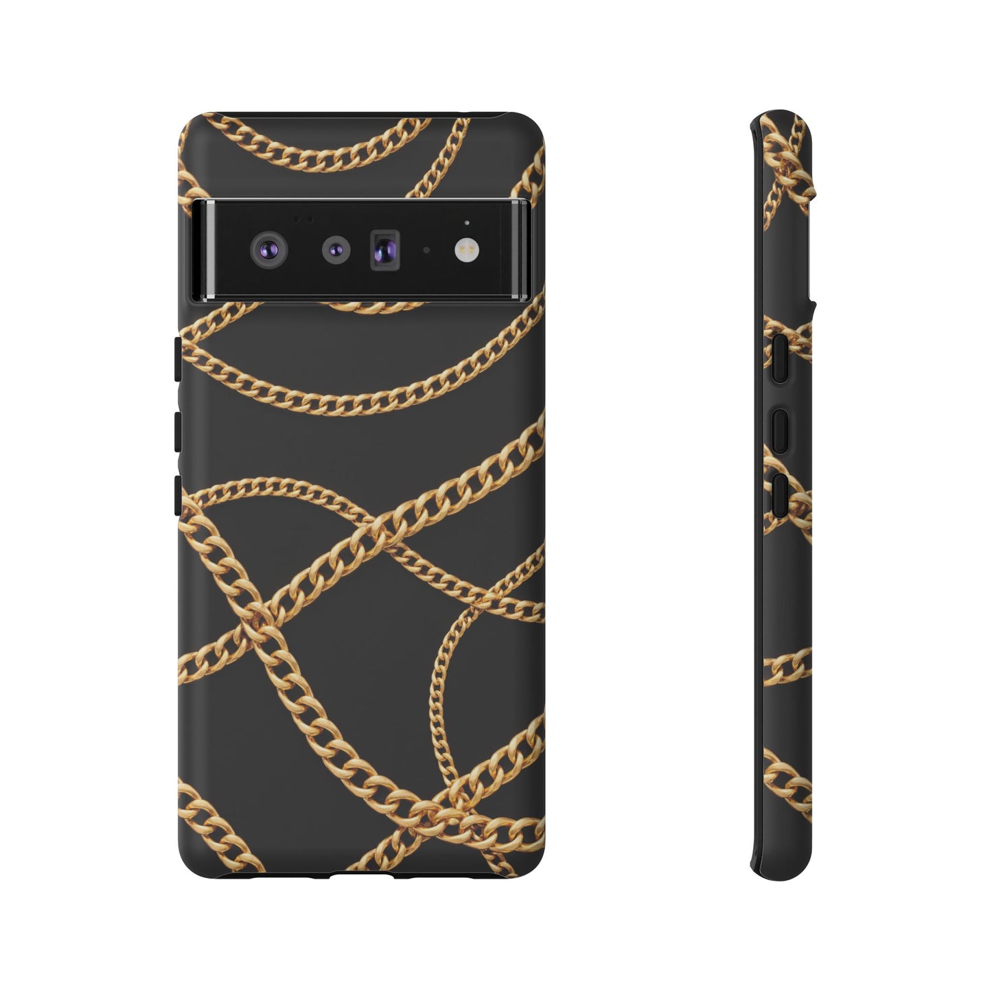 Luxury Gold Chain Phone Case – Black Designer Style Tough Protective Cover for Iphone, Samsung Galaxy and Pixel
