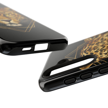 Leopard Head Geometric Phone Case – Black & Gold Luxe Tough Case