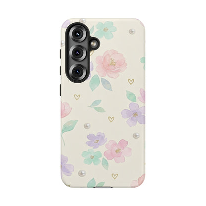 Pastel Floral Phone Case – Coquette Watercolor Flower Hearts Tough Case (iPhone, Samsung, Pixel)