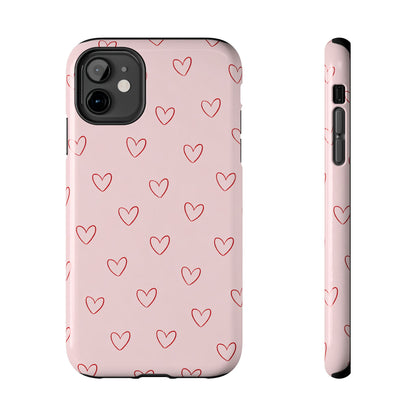 Pink Doodle Hearts Phone Case | Minimal Cute Heart Pattern Tough Case