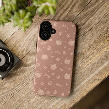 Cute Cat Pattern Phone Case | Paw Prints, Fishbone & Yarn Design Tough Case