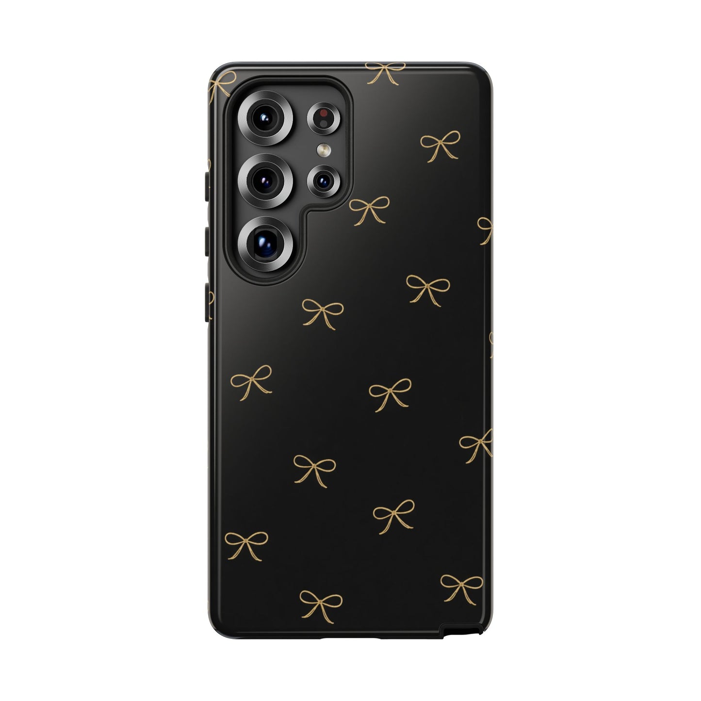 Black Phone Case with Gold Bow Pattern – Slim Protective Cute Aesthetic Cover for Iphone, Samsung Galaxy and Pixel