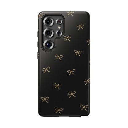 Black Phone Case with Gold Bow Pattern – Slim Protective Cute Aesthetic Cover for Iphone, Samsung Galaxy and Pixel