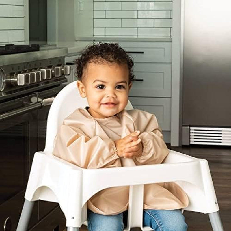 Mess Proof Baby Bibs, 2Pk Waterproof Smock Baby Bibs for Eating, Machine Washable Long Sleeve Bibs, Baby Led Weaning, Toddler Bibs, BLW Supplies (Sand Cinnamon, Large 2-4 Years)