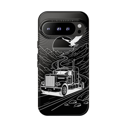 Trucker Highway Phone Case | Eagle & Mountain Line Art | Black Western Tough Case