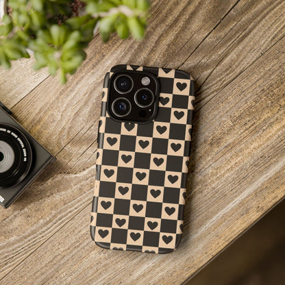 Checkerboard Heart Phone Case – Black & Beige Cute Aesthetic Protective Cover for Iphone, Samsung Galaxy and Pixel