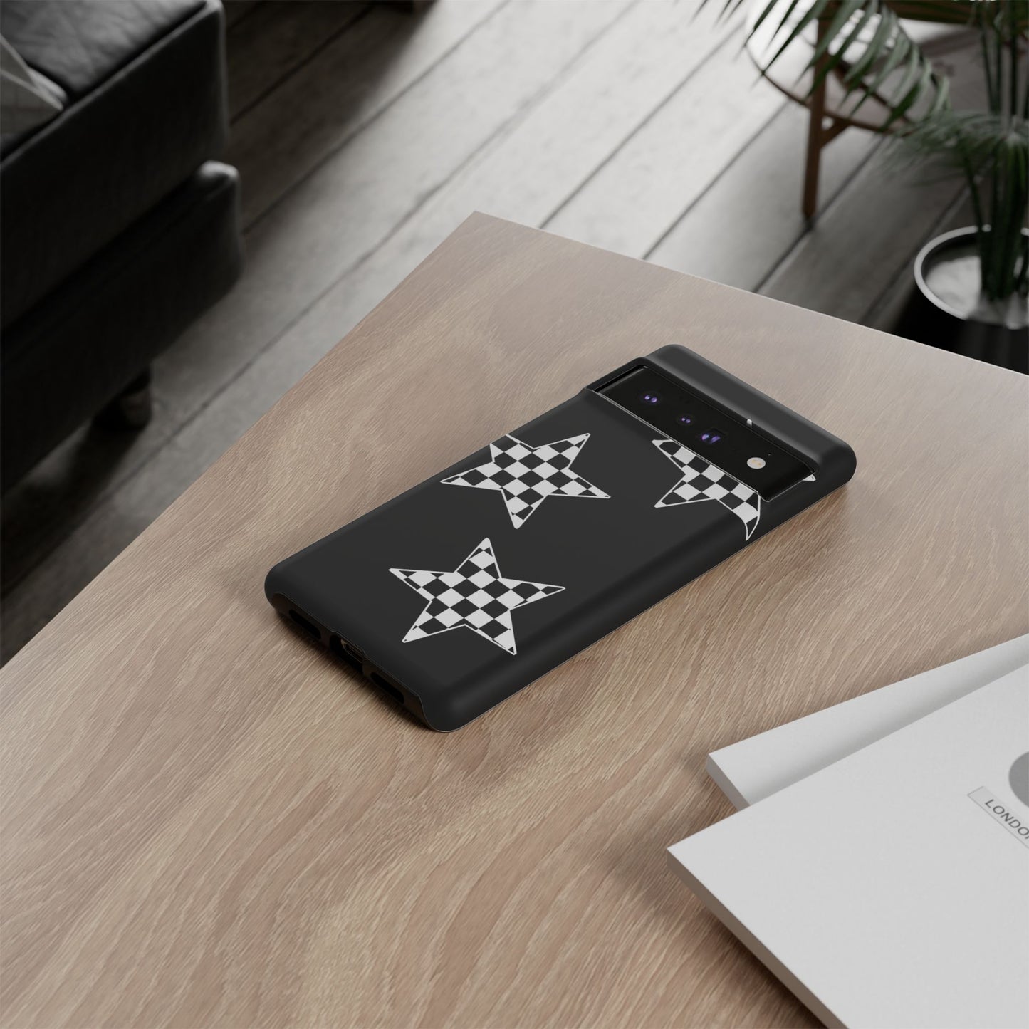 Checkered Star Tough Phone Case – Black Retro Graphic Protective Cover for Iphone, Samsung Galaxy and Pixel