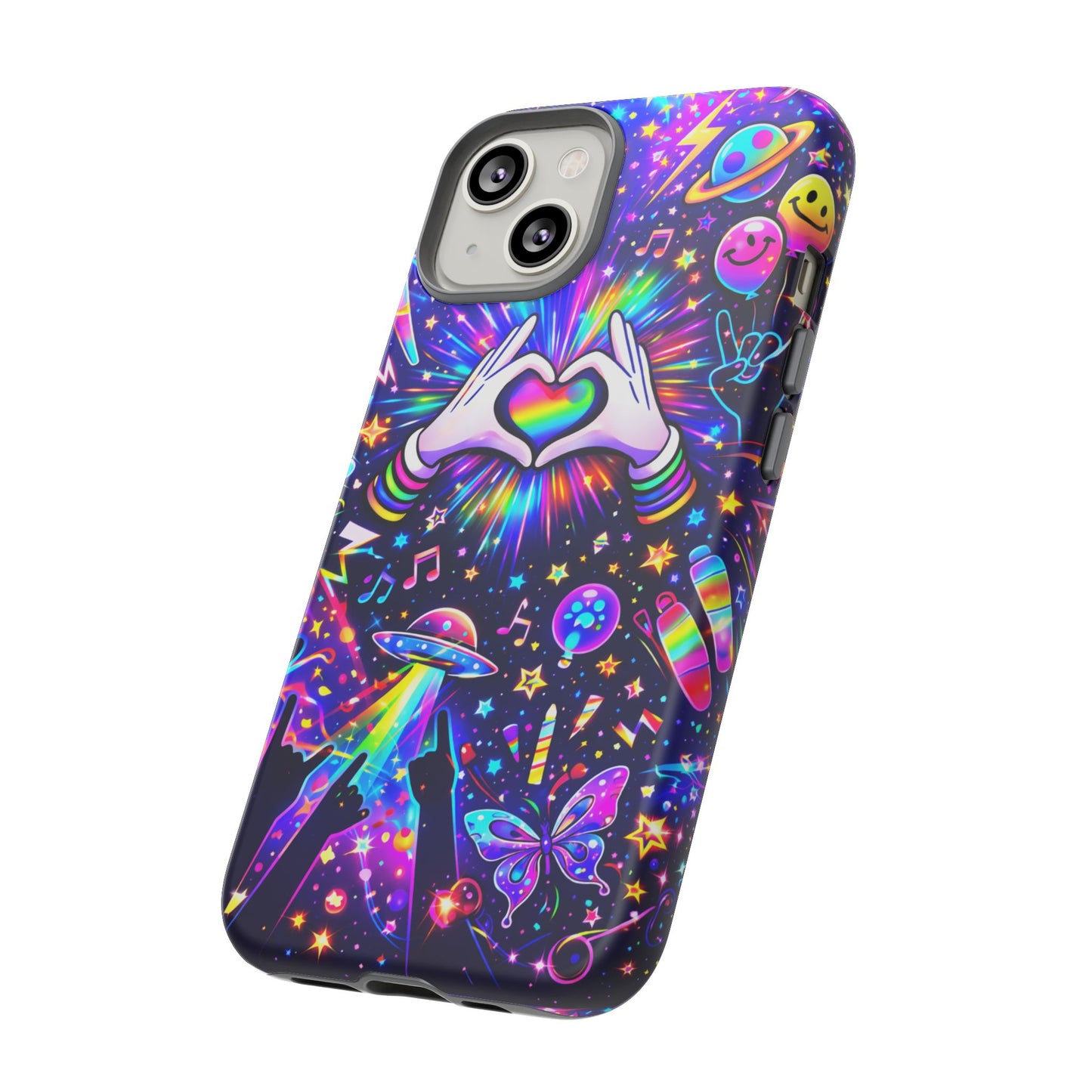 Rainbow Heart Hands Phone Case – Neon Galaxy EDM Festival Tough Cover