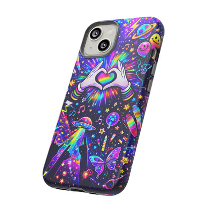 Rainbow Heart Hands Phone Case – Neon Galaxy EDM Festival Tough Cover