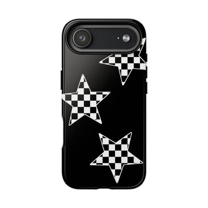 Checkered Star Tough Phone Case – Black Retro Graphic Protective Cover for Iphone, Samsung Galaxy and Pixel