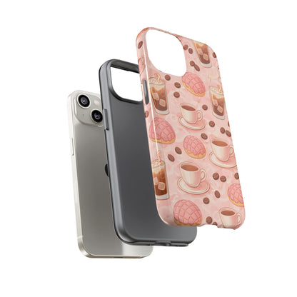Cute Coffee & Pink Concha Phone Case – Coffee Lover Aesthetic Latte Pattern Tough Case