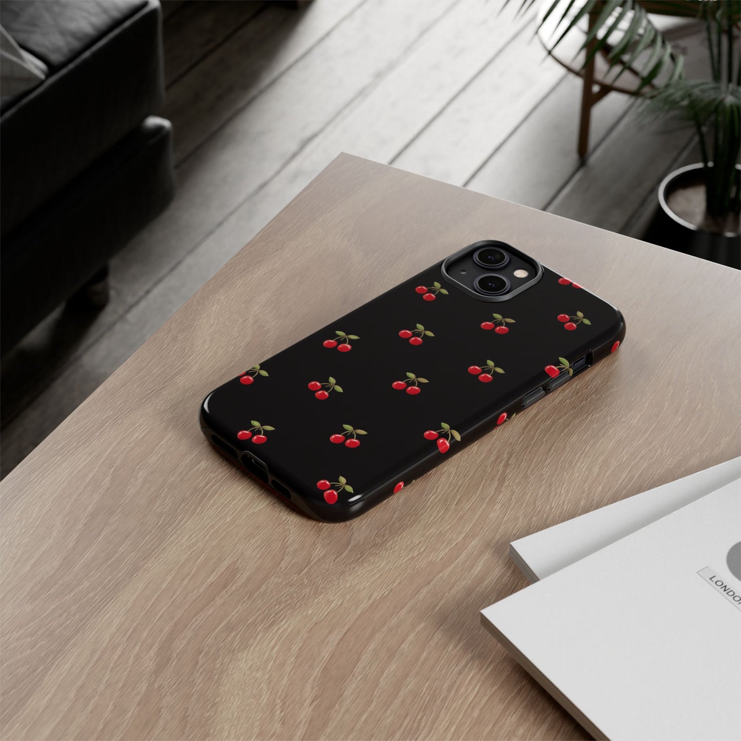 Cherry Pattern Phone Case — Slim Black Protective iPhone Case with Red Cherries for Iphone, Samsung Galaxy and Pixel