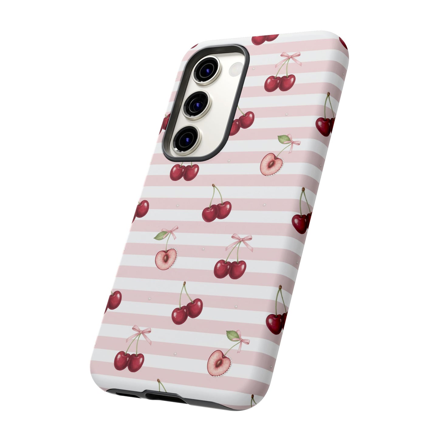 Pink Cherry Stripe Phone Case | Cute Coquette Aesthetic Protective Tough Case