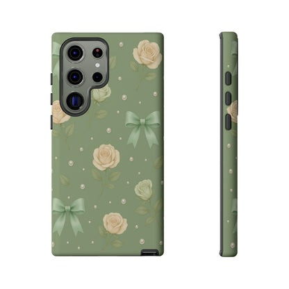 Vintage Rose Bow Phone Case – Sage Green Floral Coquette Aesthetic Tough Case (iPhone, Samsung, Pixel)