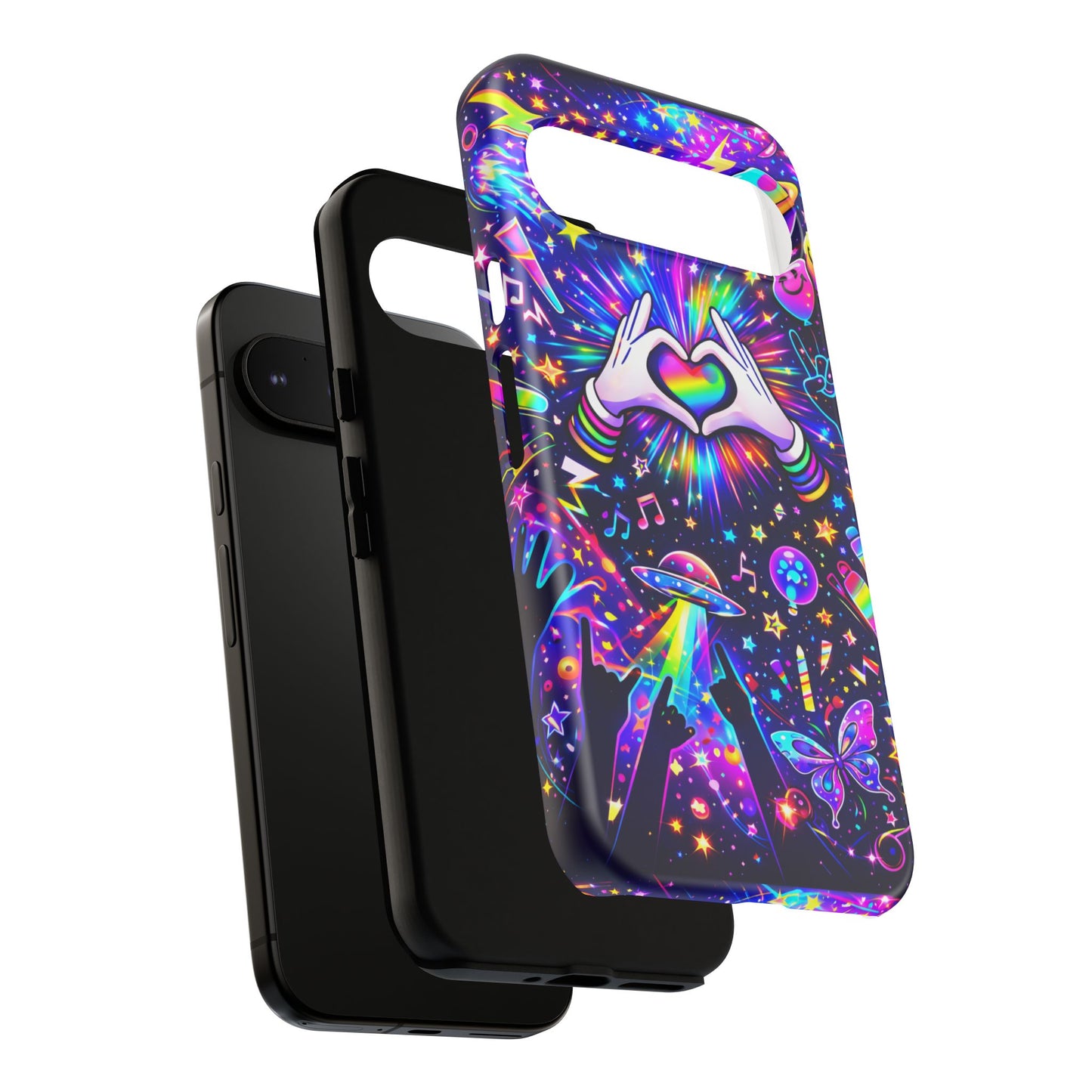 Rainbow Heart Hands Phone Case – Neon Galaxy EDM Festival Tough Cover
