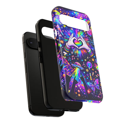 Rainbow Heart Hands Phone Case – Neon Galaxy EDM Festival Tough Cover