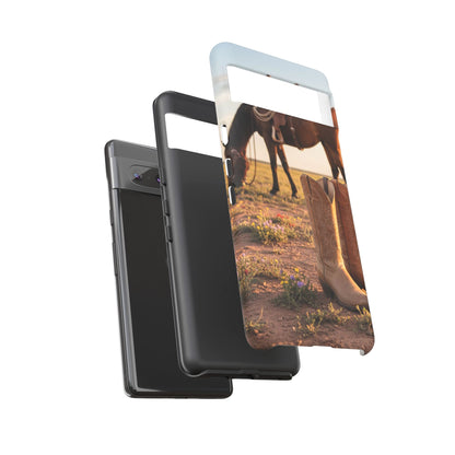 Western Cowboy Boots Phone Case – Rustic Horse Sunset Tough Case (iPhone, Samsung, Pixel)