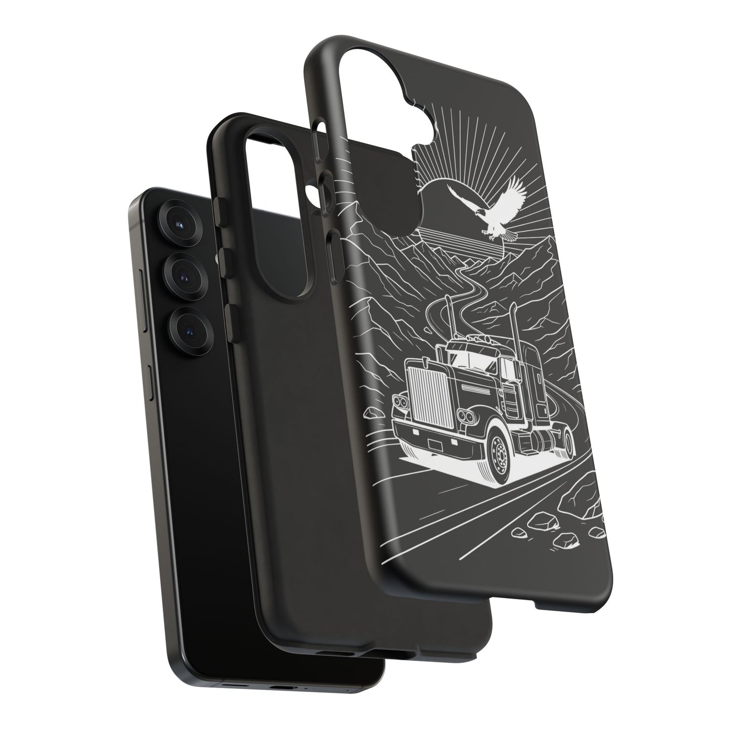 Trucker Highway Phone Case | Eagle & Mountain Line Art | Black Western Tough Case