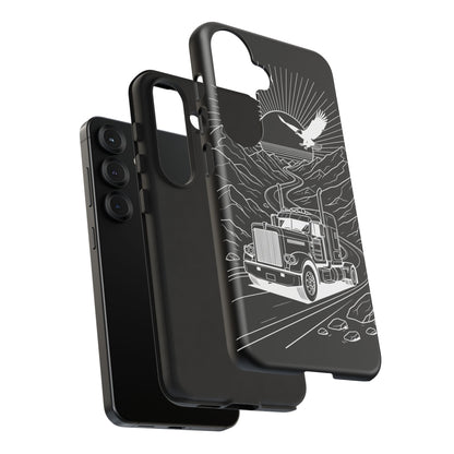Trucker Highway Phone Case | Eagle & Mountain Line Art | Black Western Tough Case