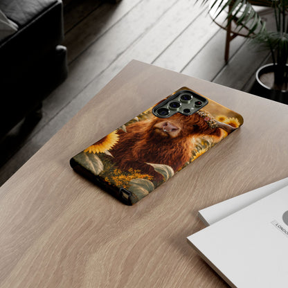 Highland Cow Sunflower Phone Case | Floral Farmhouse iPhone, Samsung Galaxy and Pixel Cover